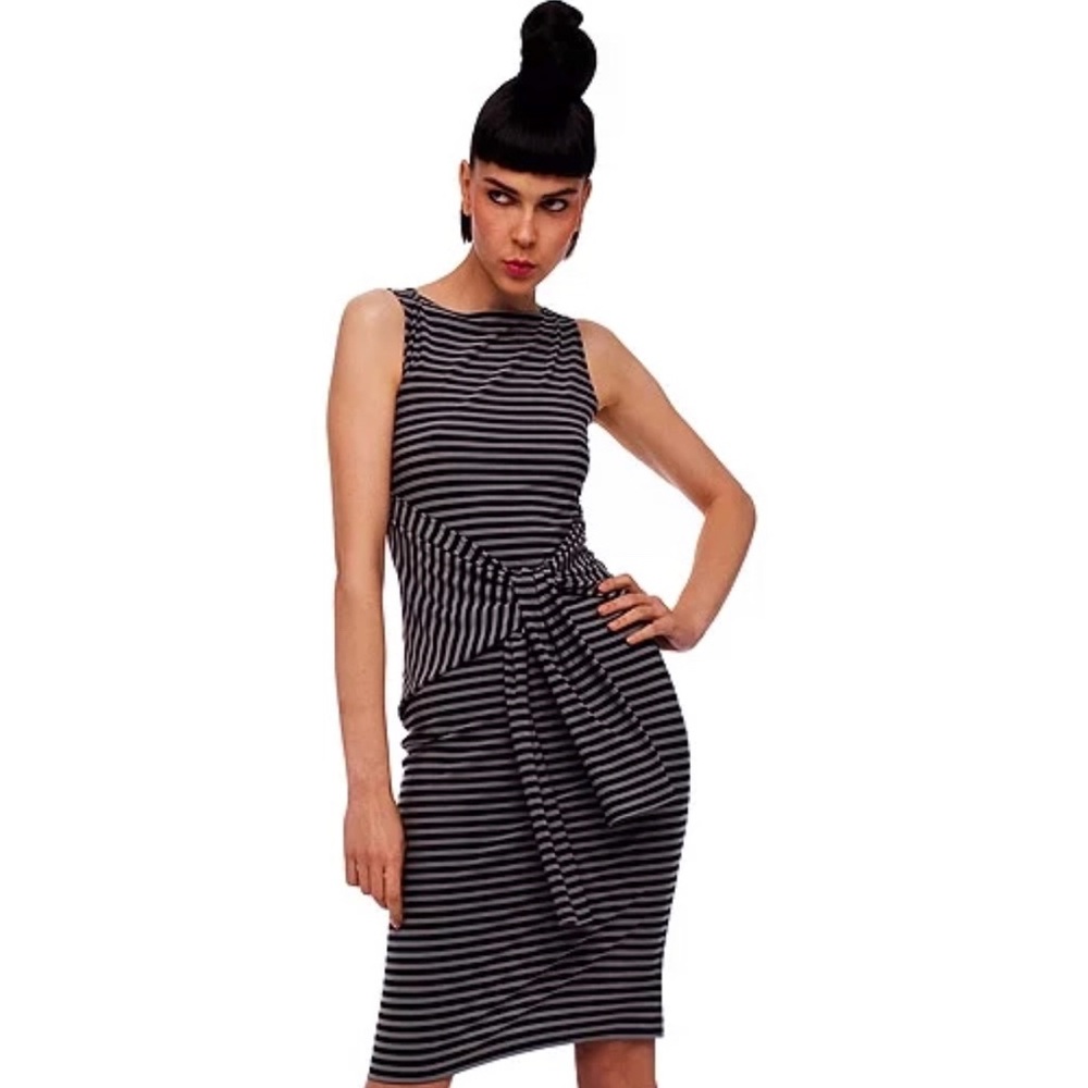 Norma Kamali Sleeveless Tie-Waist Stripe Jersey Dress Size Small Gray Black